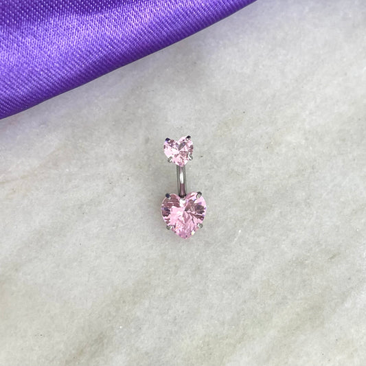 Ombligo Plateado Doble Corazón Rosa