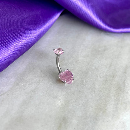 Ombligo Plateado Doble Corazón Rosa