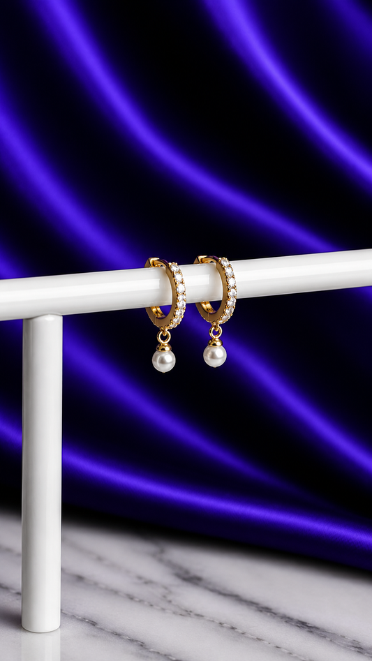Hoop Brillos Perla Colgante Chapa de Oro 22k