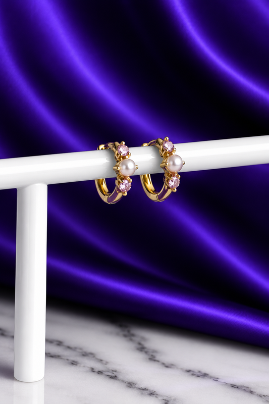 Hoop Perla Mini Doble Brillo Rosa Chapa de Oro 22k